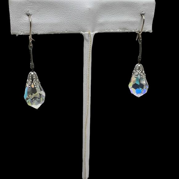 Iridescent Dangle Earrings Faceted Glass Pierced Drop Silver Tone Wire Hook - Picture 4 of 10
